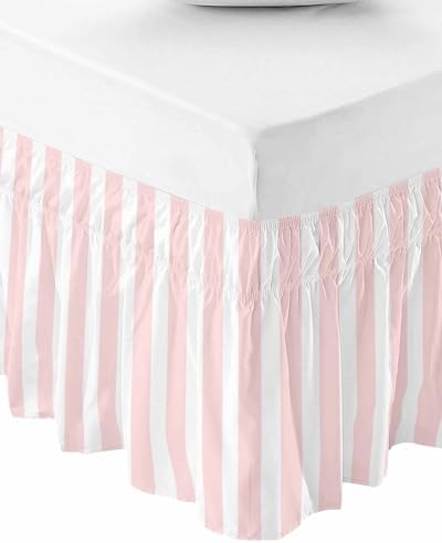 RisQiten Pink Striped King Size Bed Skirt 18 Inch Drop