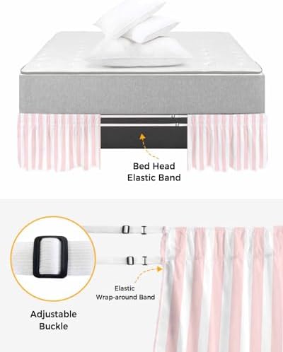 RisQiten Pink Striped King Size Bed Skirt 18 Inch Drop