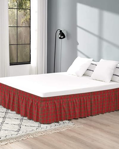 RisQiten Red Green Checkered Queen Bed Skirt 16 Inch Drop