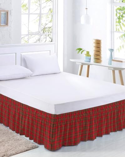 RisQiten Red Green Checkered Queen Bed Skirt 16 Inch Drop