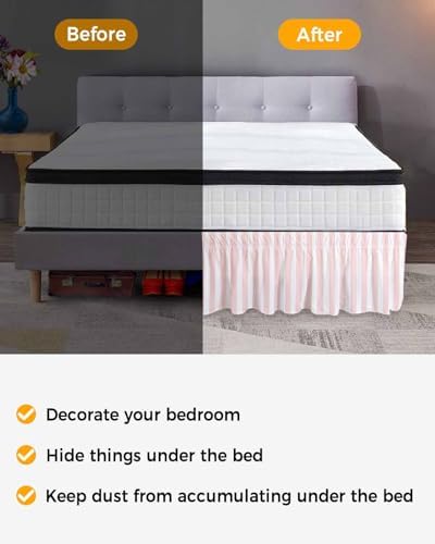 RisQiten Pink Striped King Size Bed Skirt 18 Inch Drop