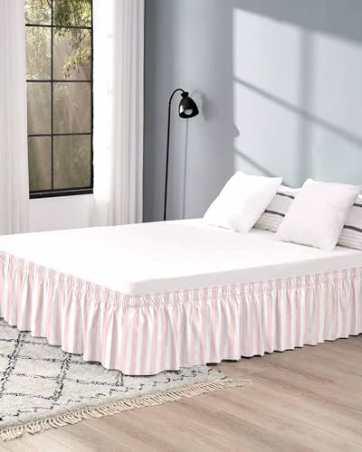 RisQiten Pink Striped King Size Bed Skirt 18 Inch Drop