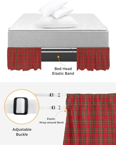RisQiten Red Green Checkered Queen Bed Skirt 16 Inch Drop