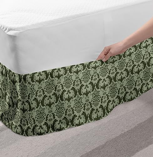 Lunarable Damask Elastic Bed Skirt Botanical Leaf Pattern Army Green