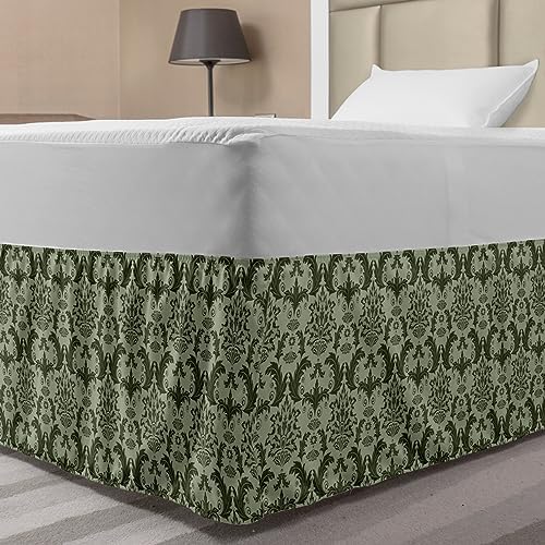 Lunarable Damask Elastic Bed Skirt Botanical Leaf Pattern Army Green