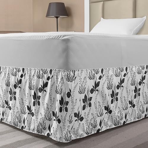 Lunarable Floral Bedskirt Grey White Wrap Around Elastic Design