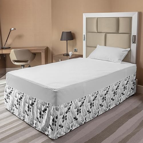 Lunarable Floral Bedskirt Grey White Wrap Around Elastic Design