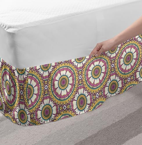 Lunarable Mandala Elastic Bed Skirt - Pink Mustard Beige