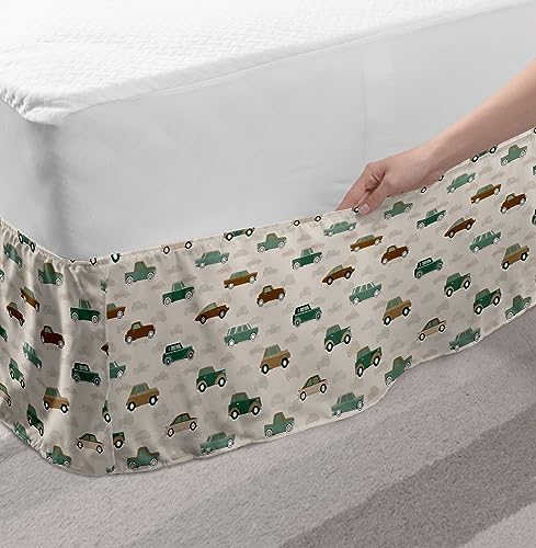 Lunarable Retro Car Bed Skirt - Pale Tan with Laurel Green Design