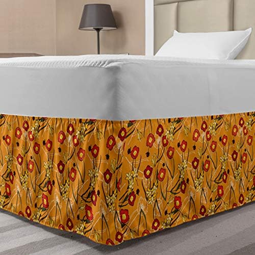 Lunarable Meadow Bedskirt Pastel Peony and Daffodil Spring Boho Decor