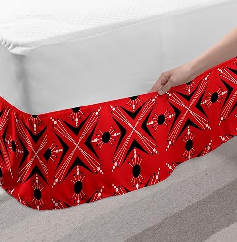 Lunarable Mid Century Bed Skirt with Vermilion Charcoal Grey Print