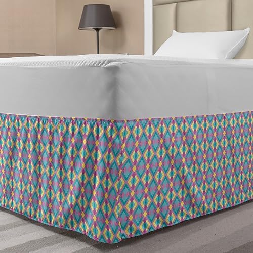 Lunarable Abstract Elastic Bed Skirt Pastel Yellow and Turquoise