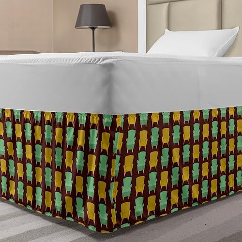 Lunarable Mid Century Elastic Bed Skirt - Yellow Peacock Green