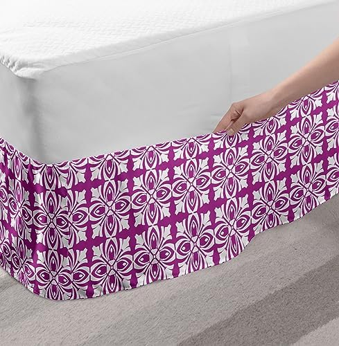 Lunarable Floral Elastic Bed Skirt for Twin Beds Fuchsia White