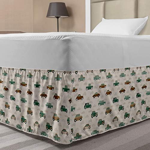 Lunarable Retro Car Bed Skirt - Pale Tan with Laurel Green Design