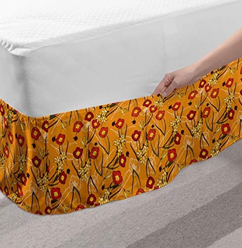 Lunarable Meadow Bedskirt Pastel Peony and Daffodil Spring Boho Decor