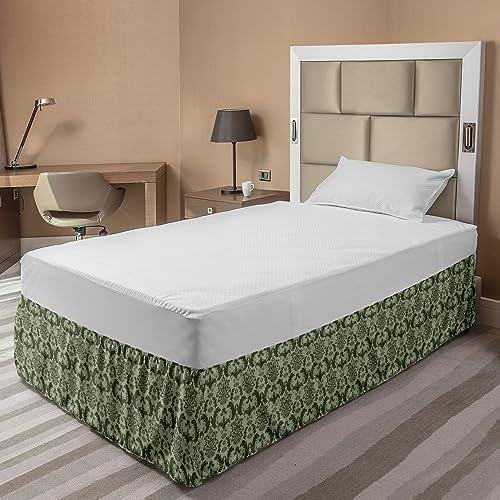 Lunarable Damask Elastic Bed Skirt Botanical Leaf Pattern Army Green