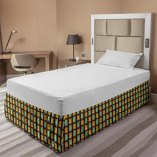 Lunarable Mid Century Elastic Bed Skirt - Yellow Peacock Green