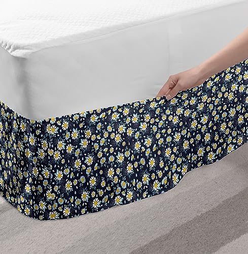 Lunarable Daisy Bed Skirt Dark Blue Grey Yellow