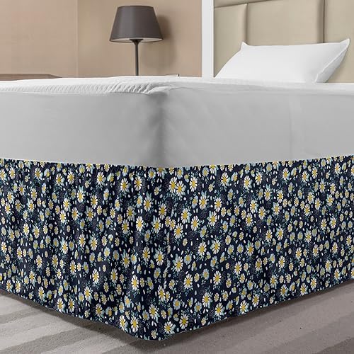 Lunarable Daisy Bed Skirt Dark Blue Grey Yellow