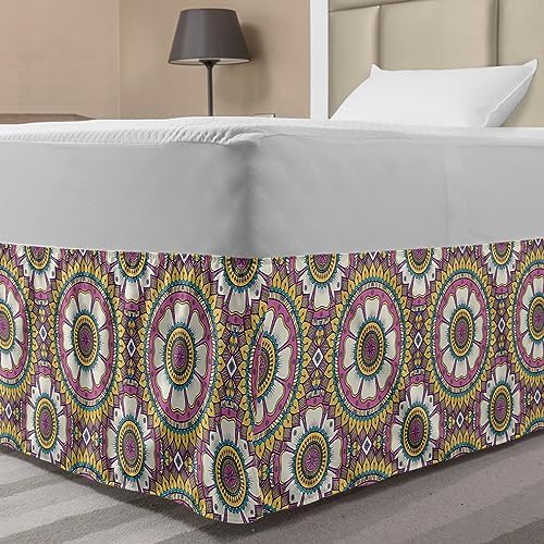 Lunarable Mandala Elastic Bed Skirt - Pink Mustard Beige